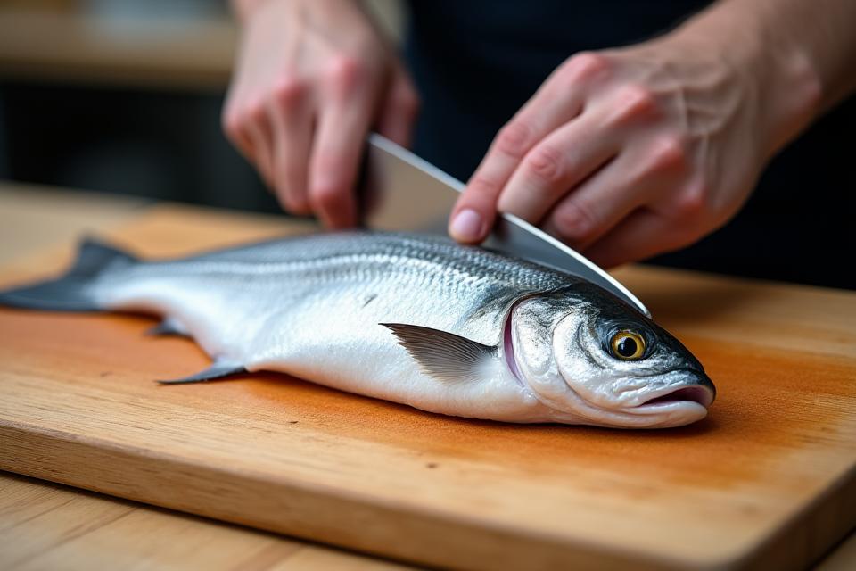 丁寧に魚を切り身にする熟練の職人の手元