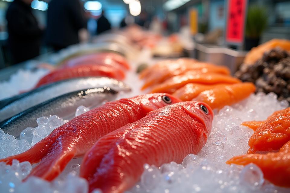 新鮮な魚介類が陳列された市場の活気ある光景
